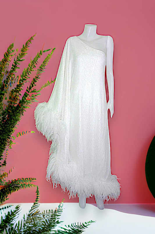 MARAYA White Sequin One-Shoulder Maxi Dress