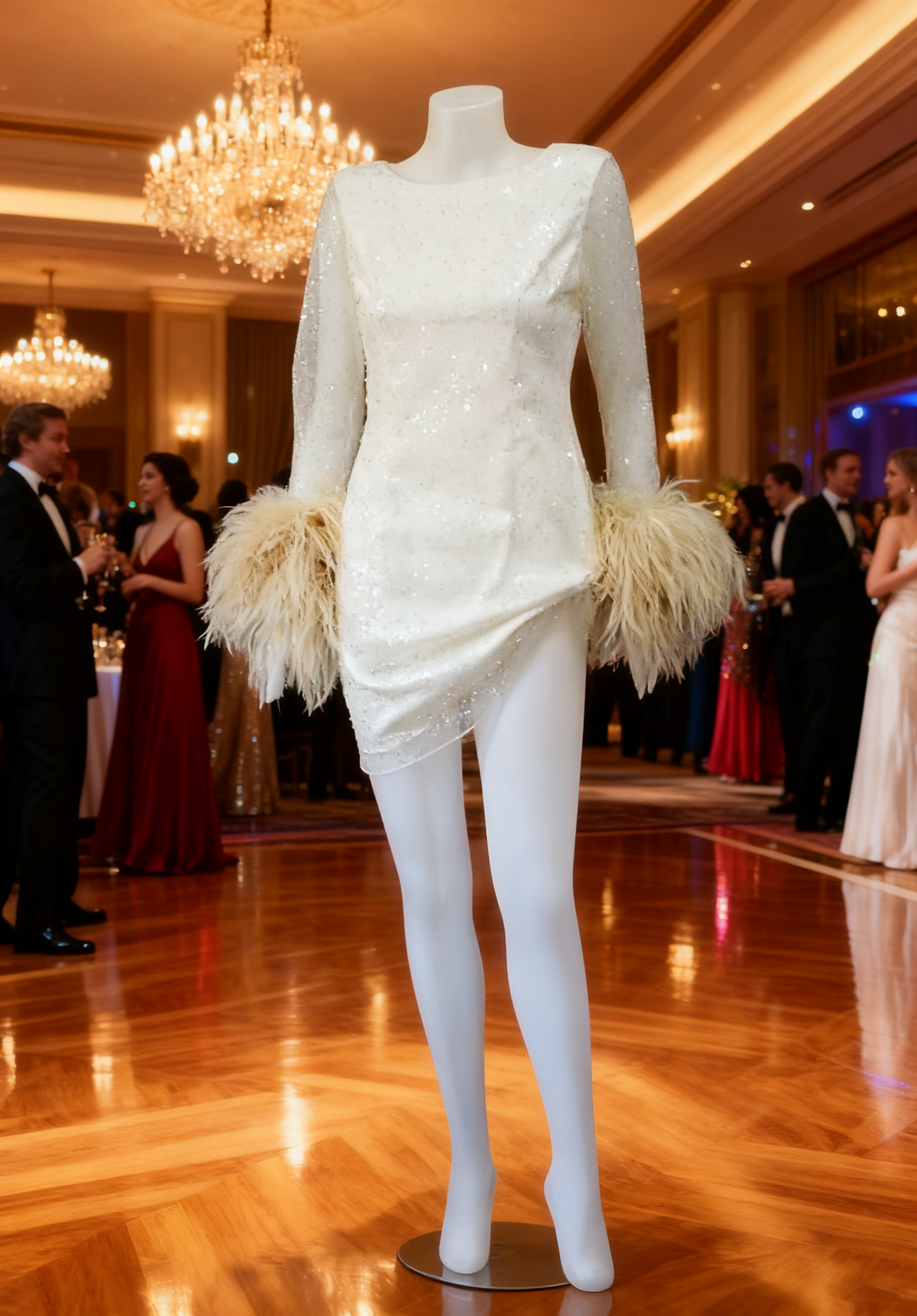 MARAYA Swan Pearl and Sequin Mesh Long Sleeve Mini Feather Dress, Wedding Dress