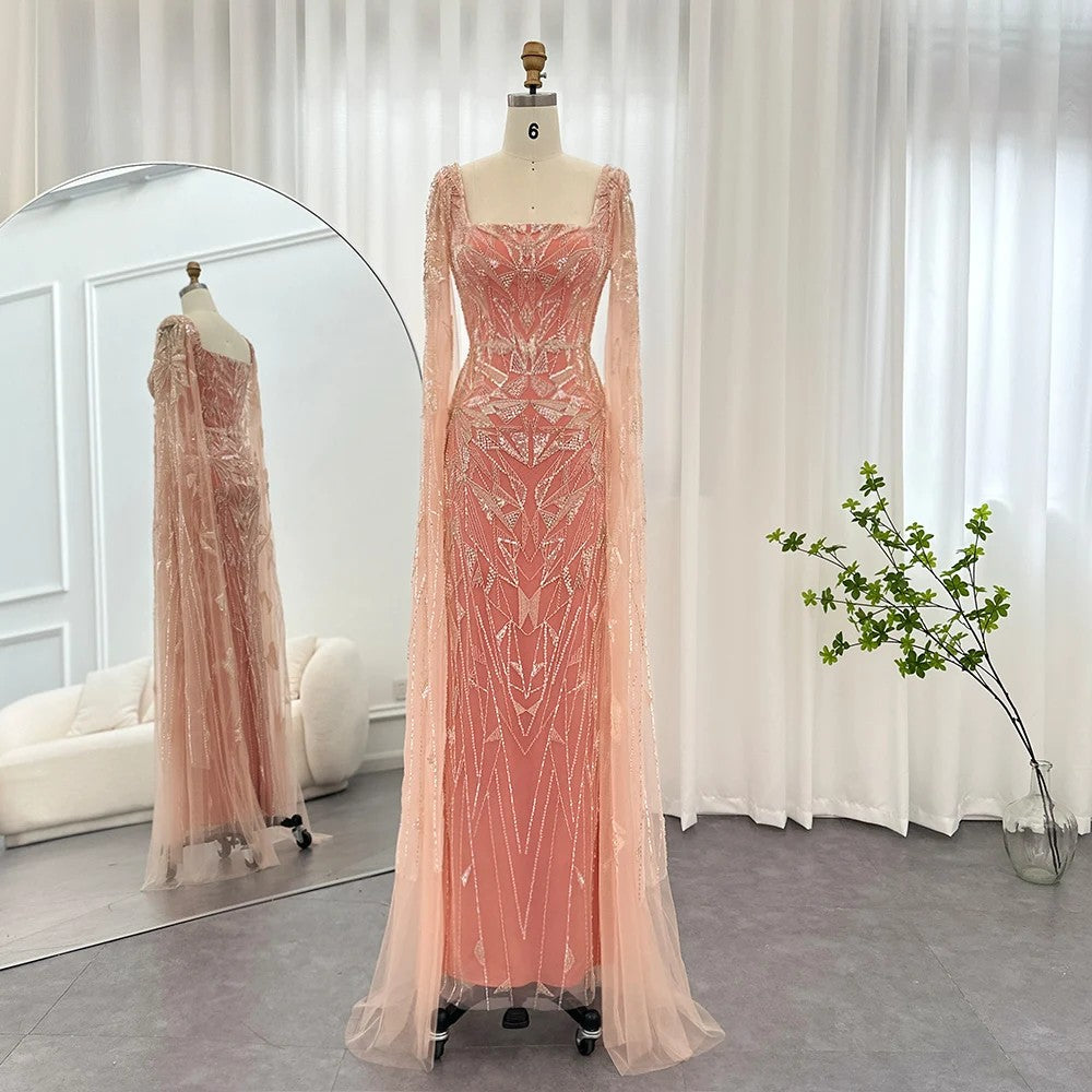 Luxury Pearls Beads Dubai Evening Dresses with Cape Sleeve 8 / Pink Nude Luxury Pearls Beads Dubai Evening Dresses with Cape Sleeve 8 / Pink Nude