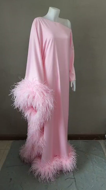 MARAYA Baby Pink Asymmetrical boat neck maxi Feather dress