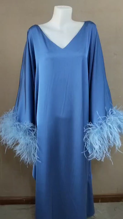 CERVIA Blue Satin Kaftan Maxi Feather Dress, Loose Kimono Frock, Plus Size Evening Gown