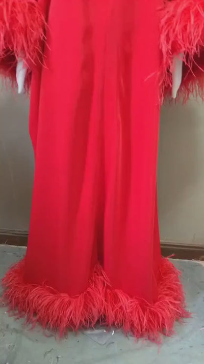 MARAYA Front Slit Kaftan Feather Maxi dress, Christmas dress
