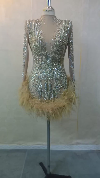 Luxury Beaded Crystal Feather Mini Dress