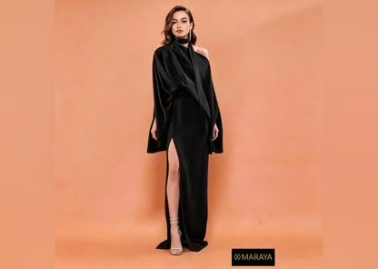 MARAYA Black Silk Blend Halter Maxi Dress, One Shoulder Asymmetric Evening Gown, Sexy High Slit Formal Dress, Luxury Wedding Guest Outfit