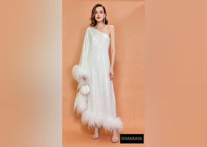 MARAYA White Sequin One-Shoulder Maxi Dress