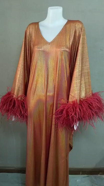 CERVIA Sparkle Red Wine Kaftan Dress with Feathers, Party Robe