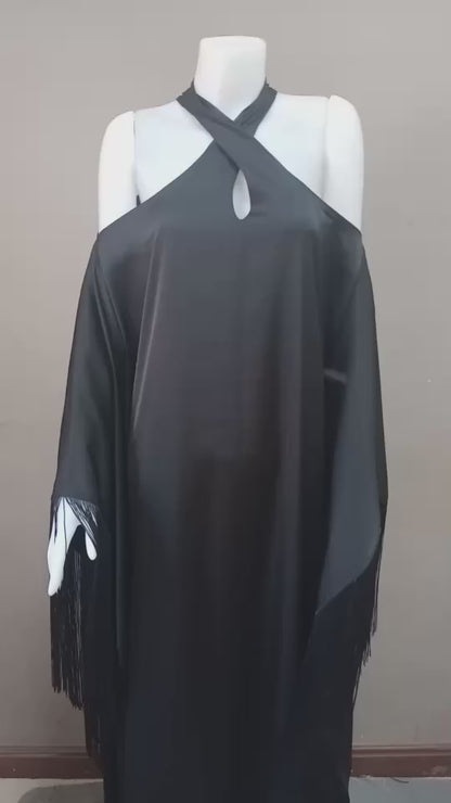 MARAYA Black Kaftan Fringe Trim Maxi dress