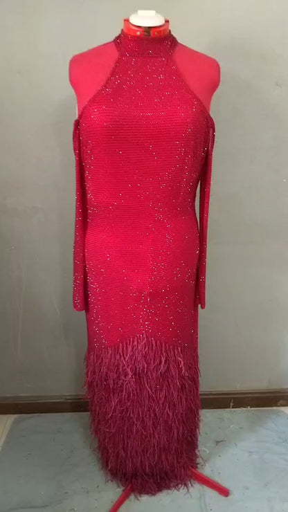 MARAYA Crimson Elegance Feather Rhinestone Dress - Cold Shoulder Long Sleeve