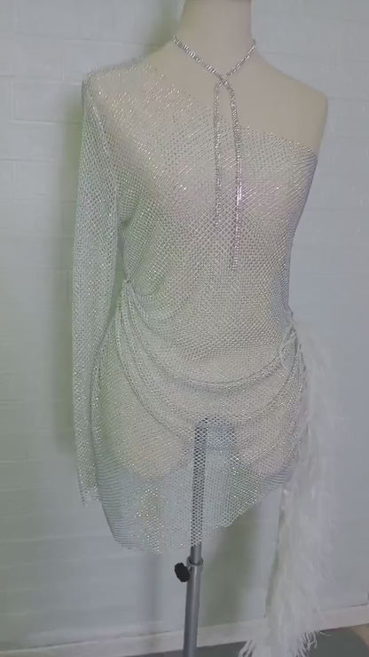 MARAYA Sheer Rhinestone Mesh Stretch Single Sleeve High Slit Mini See - through Dress
