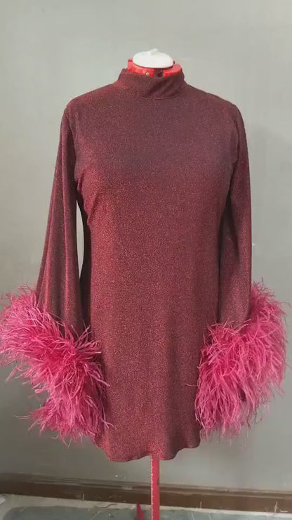 MARAYA Metallic Sparkle Bell Sleeve Feather Mini Dress (Size 0 US. - 8 US.)