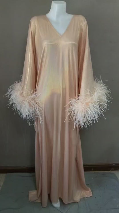 CERVIA Pink Pearl Sparkle Kaftan Dress, Feather Trim, Party Cover-Up