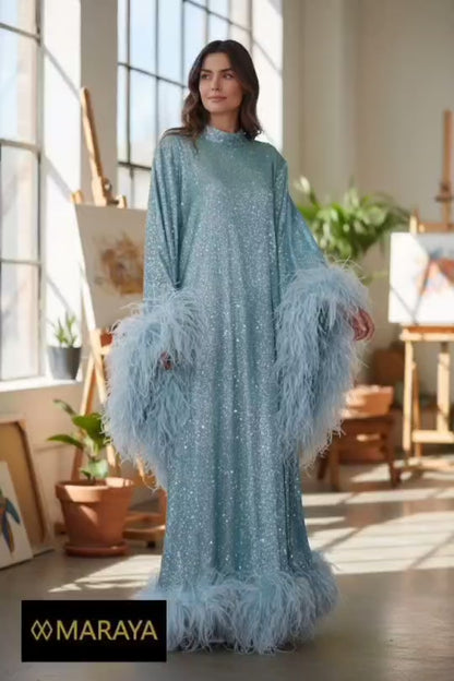 MARAYA Metallic Sparkle Bell Sleeve Feather Maxi Dress (Size 0 US. - 8 US.)