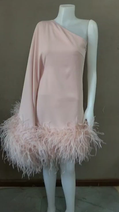 MARAYA Dusty Pink One-Shoulder Mini Feather Dress