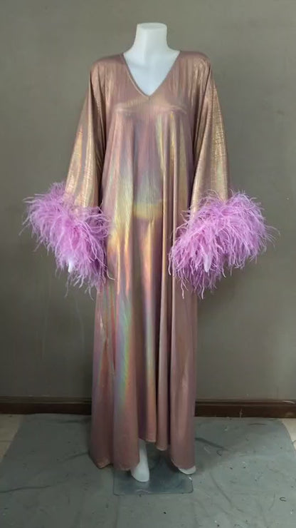 CERVIA Electric Violet Sparkle Kaftan Dress, Feather Trim, Party Cover-Up