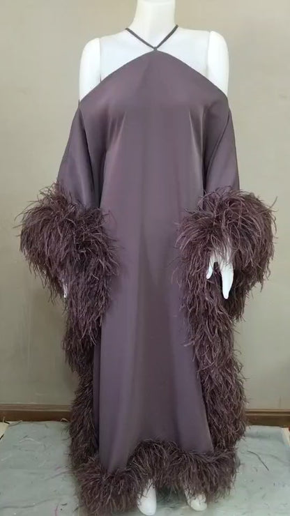 MARAYA Luxury Kaftan Dress with Ostrich Feather Trim, Halter Neck Cold Shoulder Off-The-Shoulder Abaya Gown, Glamorous Evening Party Dress