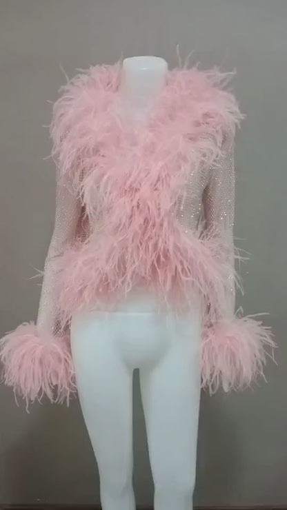 MARAYA Shrimp Pink Rhinestone Boleros Feather