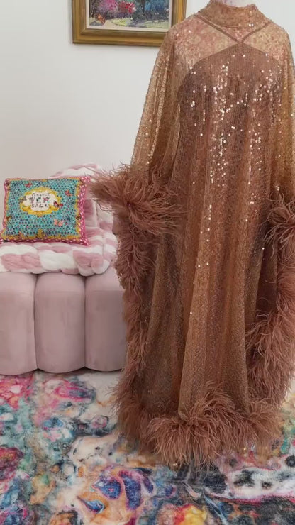 MARAYA Brown Sequin Kaftan Gown, Luxury Ostrich Feather Trim  Maxi Dress, Formal Dress, Brown Sequin Evening Dress, Hollywood Dress