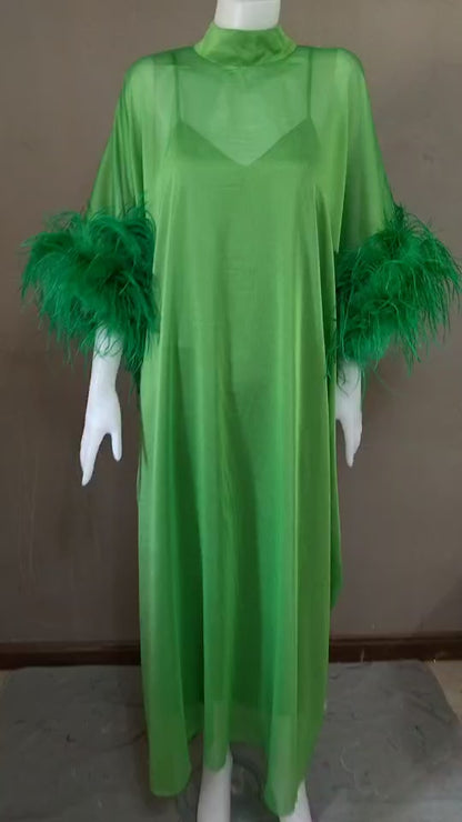 MARAYA Green Kaftan Shift Evening Maxi Feather dress