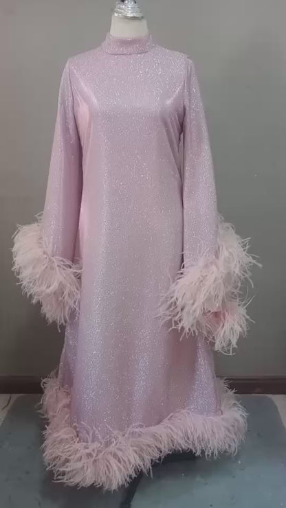 MARAYA Shimmer Rose Metallic Sparkle Bell Sleeve Feather Maxi Dress (Size 0 US. - 8 US.)