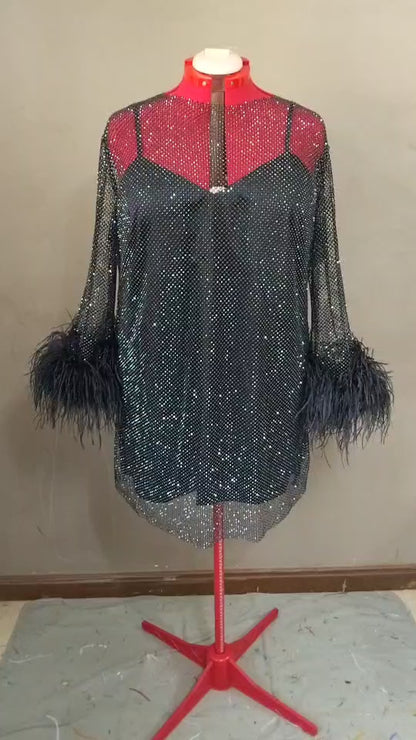 MARAYA Plus Size Black Rhinestone Mesh Long Sleeve Mini Feather Dress
