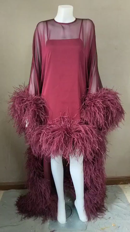 MARAYA Flowing Feather-Accented Evening Dress