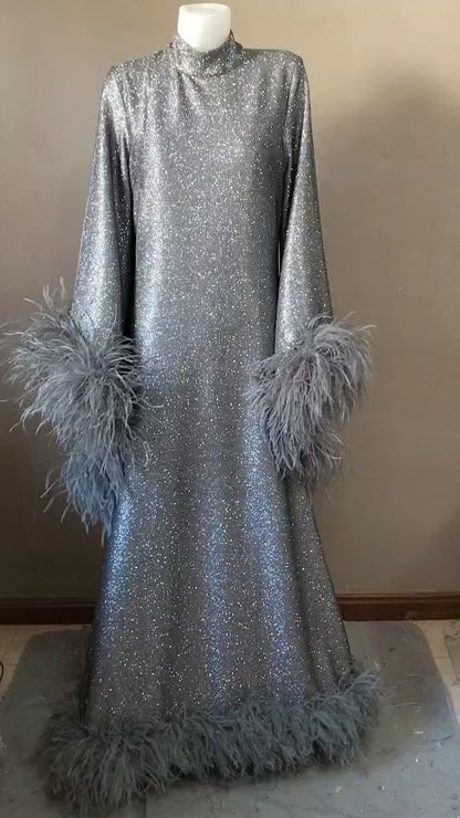 MARAYA Onyx Metallic Sparkle Bell Sleeve Feather Maxi Dress (Size 10 US. - 18 US.)