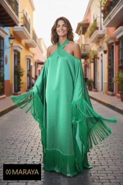 MARAYA Green Kaftan Fringe Trim  Maxi dress