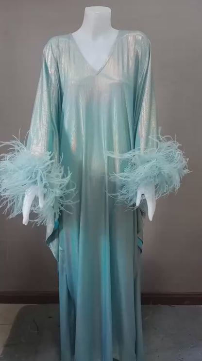CERVIA Dazzling Aqua Sparkle Kaftan Dress, Feather Trim, Party Cover-Up