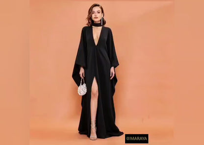 MARAYA Black Silk Blend Kaftan Maxi Dress, Deep V-Neck Kimono Sleeve Evening Gown, Choker Neck High Slit Formal Dress, Luxury Wedding Guest