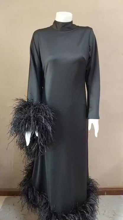 MARAYA Modest Black  Maxi Dress with Feathers, Long Sleeve High Neck Formal Dress, Elegant Gala Evening Gown, Luxury Prom Feather Dress