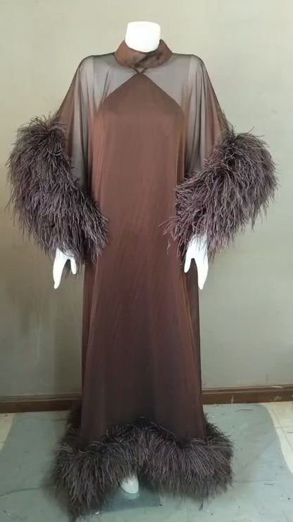 MARAYA Feathers Sleeve and Feather buttom Maxi Dress with Slip dress