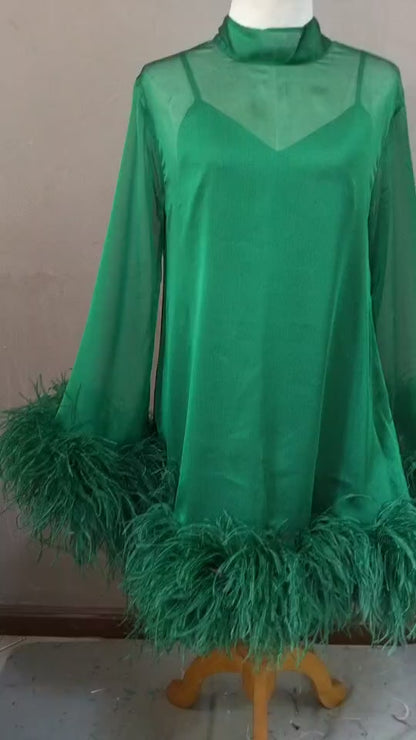 MARAYA Emerald Green Bell Long sleeve mini Feather dress (Copy)
