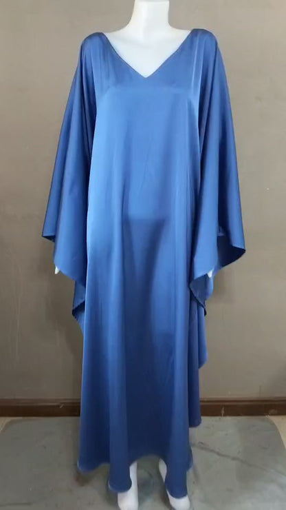 CERVIA Blue Satin Kaftan Maxi Dress, Loose Kimono Frock, Plus Size Evening Gown