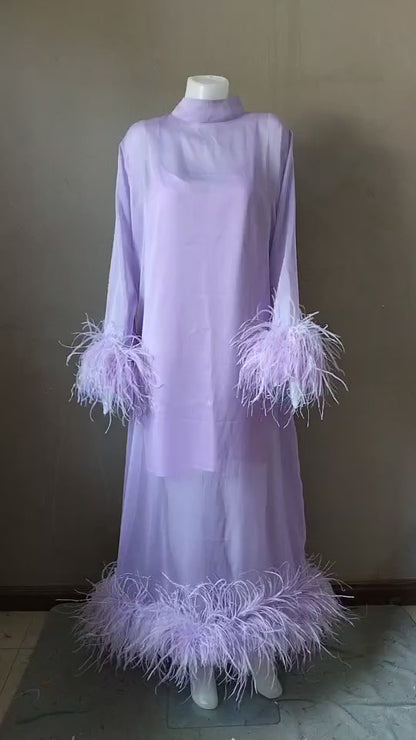 MARAYA Lavender Long sleeve midi Feather dress