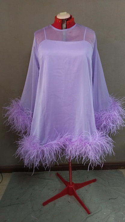 MARAYA Jewel Neck Bell Long sleeve mini Feather dress