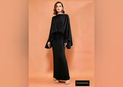 MARAYA Black Silk Blend Cape Maxi Dress, Elegant Draped Evening Gown, Modest Formal Floor Length Kaftan Dress, Luxury Wedding Guest Dress