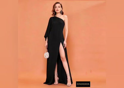 MARAYA Black Silk Blend One Shoulder Maxi Dress, Draped Cape Sleeve Evening Gown, High Slit Formal Dress, Luxury Wedding Guest Attire
