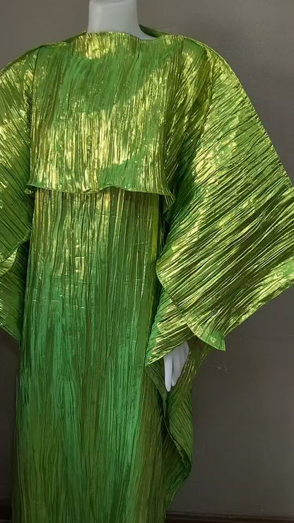 Metallic Green Plisse Kaftan Dress with Cape, Shiny Pleated Maxi Gown, Lime Green Chartreuse Goddess Dress, Statement Evening Party Wear