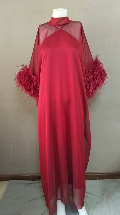MARAYA Red Green Kaftan Shift Evening Maxi Feather dress