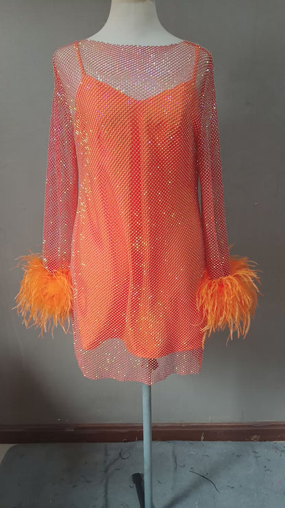 MARAYA Orange Rhinestone mesh Long Sleeve Mini Feather Dress With Slip dress