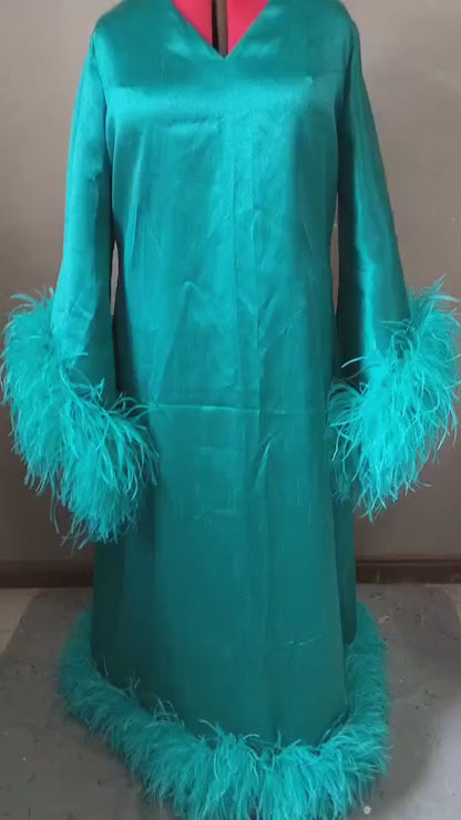 MARAYA Teal Green V-Neck Bell Sleeve Feather Maxi Dress
