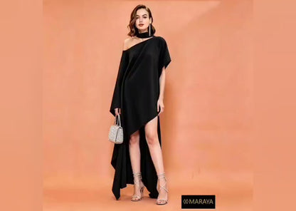 MARAYA Black Silk Blend Asymmetric Maxi Dress, One Shoulder Halter Gown, High-Low Kaftan Formal Wear