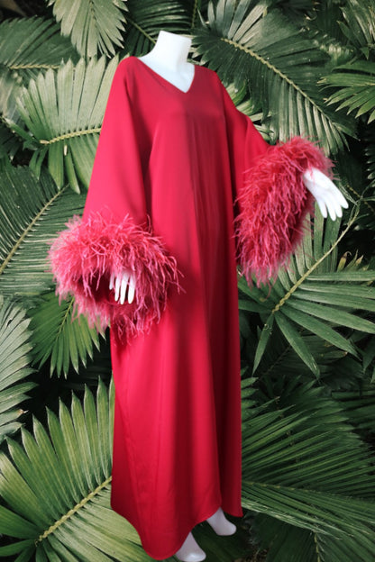 MARAYA Red Feather Kaftan Maxi dress