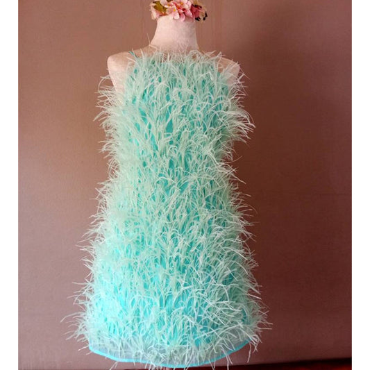 MARAYA Green Mint Synthetic Ostrich Feather Dress, Feather Prom Dress, Feather Cocktail Dress, feather dress , bridesmaid dress,Hen night(MNFD1434)