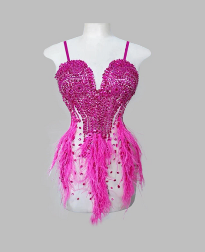 MARAYA Rhinestone feather Sleeveless dress ( Rhinestone feather Front & Back)