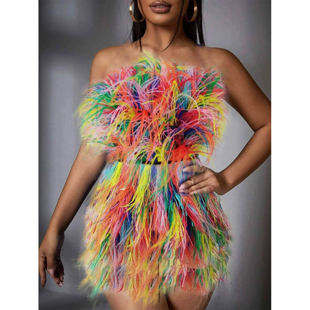 MARAYA Multi colors Ostrich feather Strapless dress, Tube tank, Cocktail dress, Bridesmaid dress,Hen night(MULC0078)