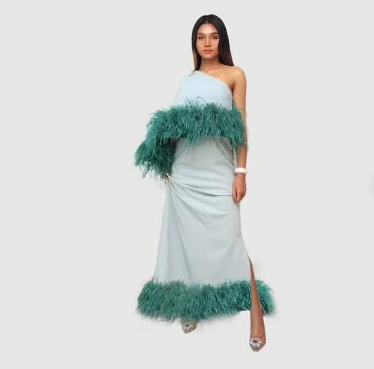 NIRVANA (Extra Feather) One-Shoulder feather bottom Maxi Dress