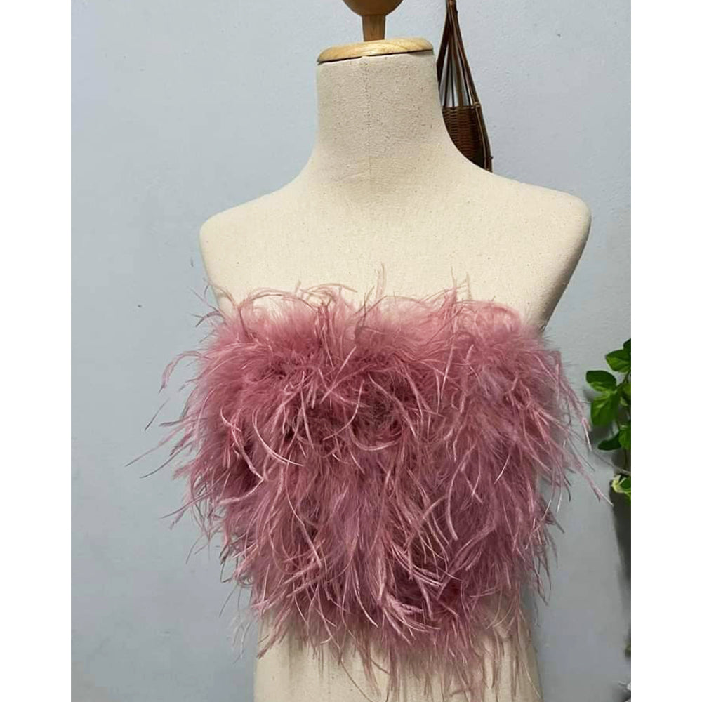 Old pink Feather&Fur Mink Crop Top,Feathers are only on the front,Prom dress, Plus size clothing,cocktail dress, costume party (OPCT09712)