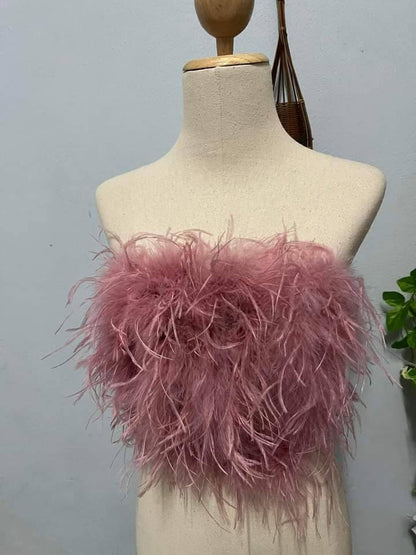 Old pink Feather&Fur Mink Crop Top,Feathers are only on the front,Prom dress, Plus size clothing,cocktail dress, costume party (OPCT09712) size 14-18US