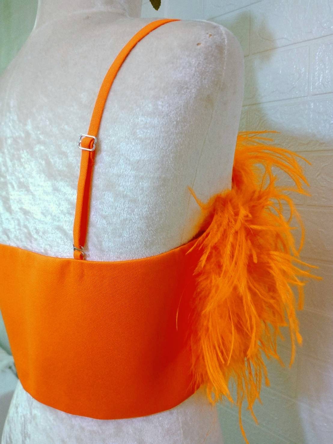 Orange Feather&Fur Mink Crop Top,Feathers are only on the front,Prom dress, Plus size clothing,cocktail dress,party dress,costume party